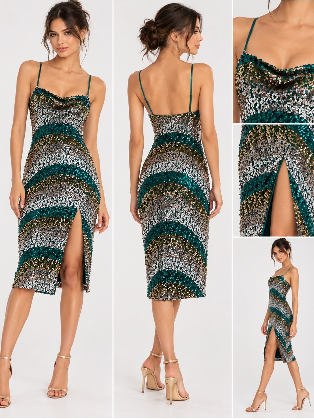City Studio Juniors 1/2 Green Gold Silver Sequin Midi Cocktail Dress NWT